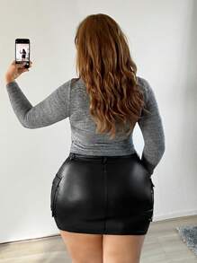 SHEIN SXY 加 PU 皮革緊身裙 - 黑色 - 查看 5