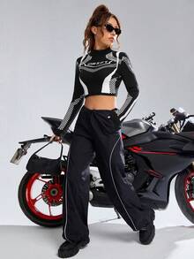 SHEIN Coolane 字母圖案小高領短款毛衣 - 黑與白 - 查看 7