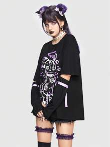 ROMWE Kawaii 卡通圖案落肩T恤 - 黑色 - 查看 4