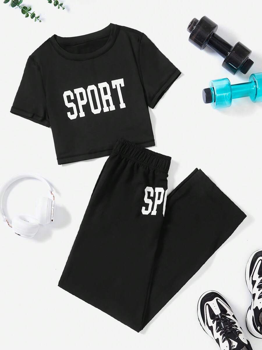 Letter Graphic Crop Tee & Pants Sports Set - Black - View 1