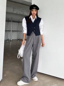 DAZY Solid Button Front Waistcoat Without Blouse,Fall Clothes Business Attire - Navy Blue - View 6