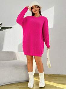 SHEIN EZwear Hơn Thả vai Đầm Áo len Không có thắt lưng - Màu Hồng Tươi - Xem 5