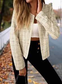 SHEIN Essnce In kẻ sọc Mở Mặt trước Áo khoác - Màu be - Xem 7