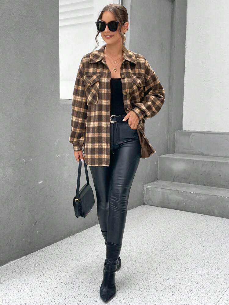 Plaid Print Drop Shoulder Flap Pocket Coat