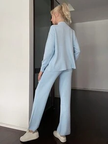 休閒交叉純色女士毛衣兩件套 - 淺藍色 - 查看 2