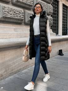 EURMUSE Slant Pockets Fuzzy Trim Hooded Puffer Vest Coat - Black - View 4