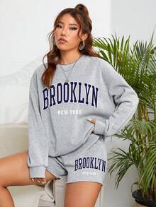 SHEIN EZwear Letter Graphic Drop Shoulder Sweatshirt & Shorts - Grey - View 6