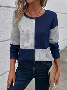 EMERY ROSE Color Block Drop Shoulder Sweatshirt - Navy Blue - View 1