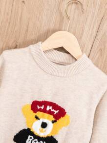 Young Boy Bear & Letter Pattern Sweater - Beige - View 5
