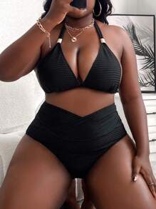 SHEIN CURVE+ Summer Beach Plus Solid Wrap Cross Waist Bikini Bottom