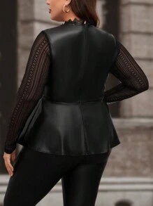 SHEIN Clasi Plus Ruffle Hem PU Leather Peplum Top Without Cami Top, For Winter