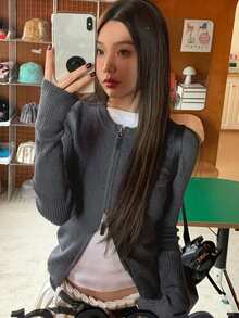 Cardigan Crop dengan Resleting Polos - Grey - View 4