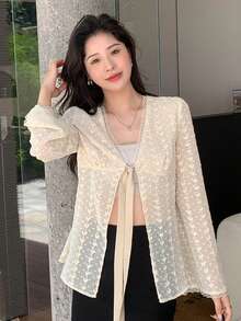 DAZY Tie Front Bell Sleeve Jacquard Blouse - Beige - View 3