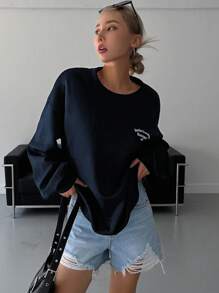 DAZY Đồ họa Chữ cái Thả vai Lót nhiệt Áo chui đầu Oversized - Màu xanh hải quân - Xem 6