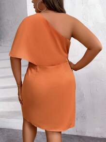 SHEIN Clasi Plus One Shoulder Batwing Sleeve Tulip Hem Dress - Coral Orange - View 2