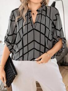 SHEIN Hơn In vết tròn Polka Tay áo cuộn Áo sơ mi - màu đen - Xem 1