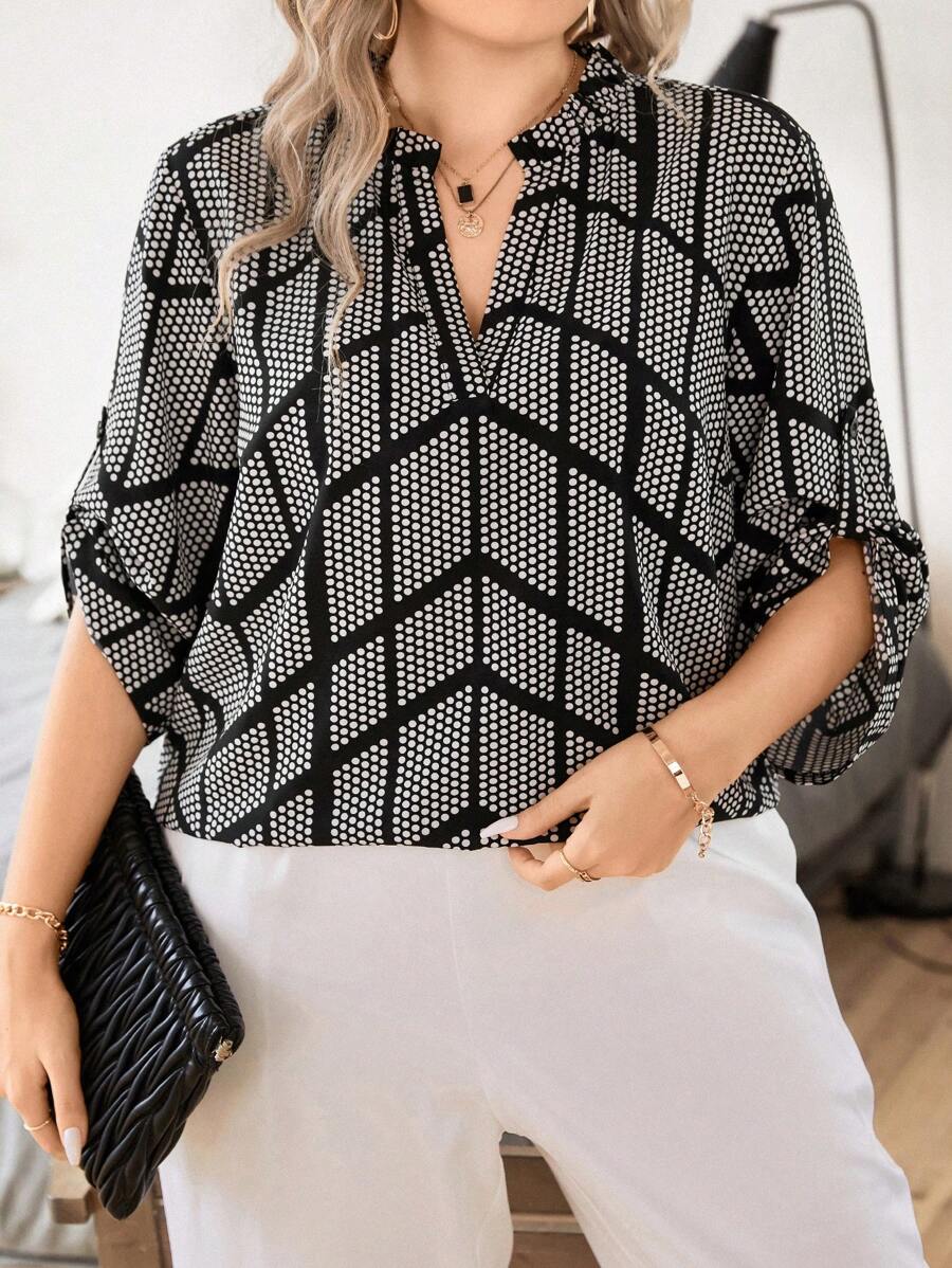 SHEIN Hơn In vết tròn Polka Tay áo cuộn Áo sơ mi - màu đen - Xem 1