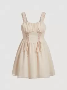 SHEIN MOD Talla grande Vestido de tirantes con cordón delantero pecho con fruncido - Albaricoque - Ver 1
