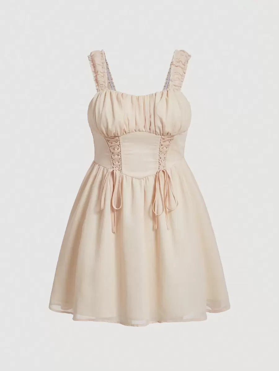 SHEIN MOD Plus Lace Up Front Ruched Bust Dress - Apricot - View 1