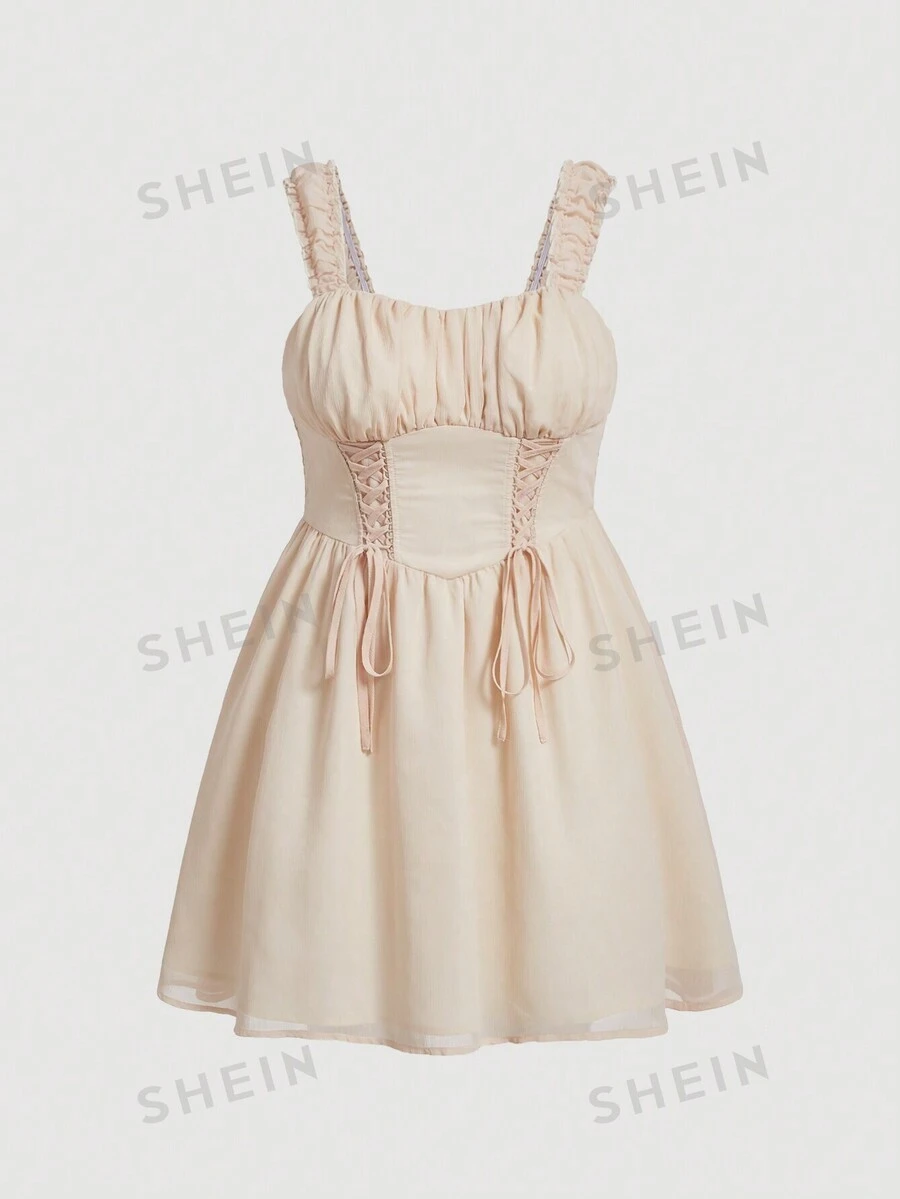 SHEIN MOD Talla grande Vestido de tirantes con cordón delantero pecho con fruncido - Albaricoque - Ver 1