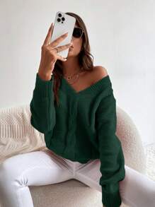 EMERY ROSE Solid Cable Knit V Neck Knit Pullover Fall Winter Sweater - Dark Green - View 6