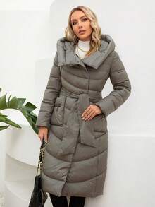 GASMAN Zip Up Snap Button Belted Hooded Belted Padded Coat - Grey - View 5