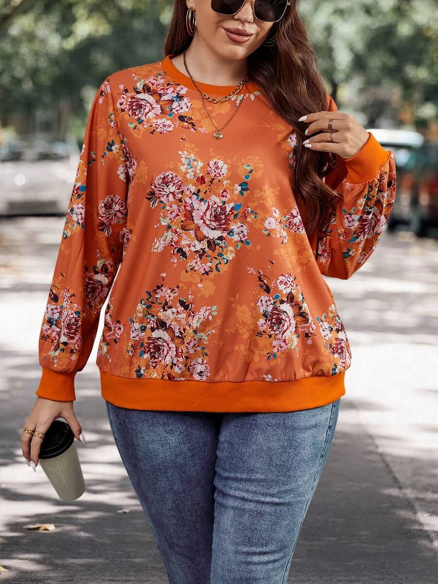 SHEIN LUNE 大碼印花運動衫 - 橘色 - 查看 1