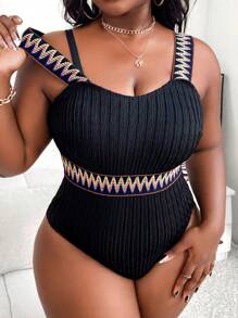 SHEIN Swim Curve Summer Beach Plus Chevron Tape Panel One Piece Swimsuit - Black - View 1