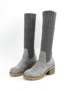 女士時尚英倫風情粗跟靴子,針織修身彈性高跟鞋短靴 - 灰色 - 查看 5