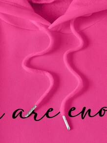 SHEIN EZwear Áo nỉ giữ nhiệt cỡ lớn in khẩu hiệu, có túi kangaroo và dây rút. - Đỏ - Xem 4