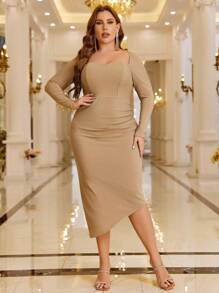 SHEIN Belle Plus Sweetheart Neck Asymmetrical Hem Glitter Bodycon Dress - Champagne - View 3