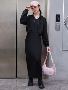 Cô gái tuổi teen Zip Up Áo & Váy - màu đen - Xem 5