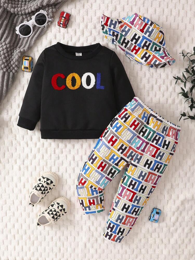 Baby Girl Letter Pattern Sweatshirt & Pants & Hat