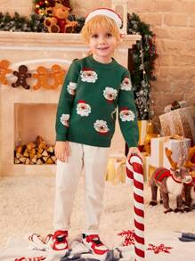 SHEIN Suéter con patrón de Papá Noel de Navidad para niño joven - Verde Oscuro - Ver 6