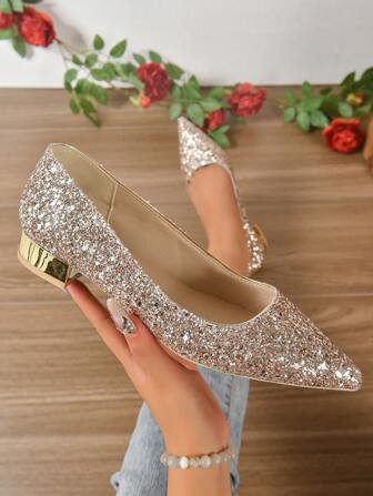 Showho新娘婚鞋，水晶装饰，不累脚，粗跟设计，法式两穿法，优雅，适合派对装扮