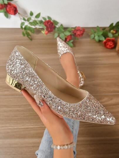 Showho新娘婚鞋，水晶装饰，不累脚，粗跟设计，法式两穿法，优雅，适合派对装扮