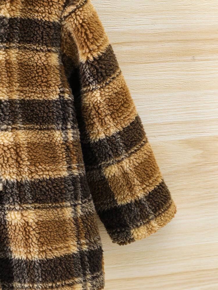 Young Boy Plaid Pattern Hooded Duffle Teddy Coat