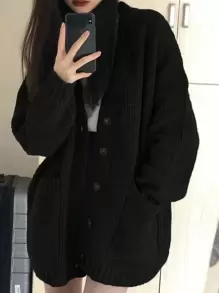 Áo khoác cardigan dáng rộng, tay dài, vai rớt, màu đen trơn, kiểu dáng thường ngày. - màu đen - Xem 1