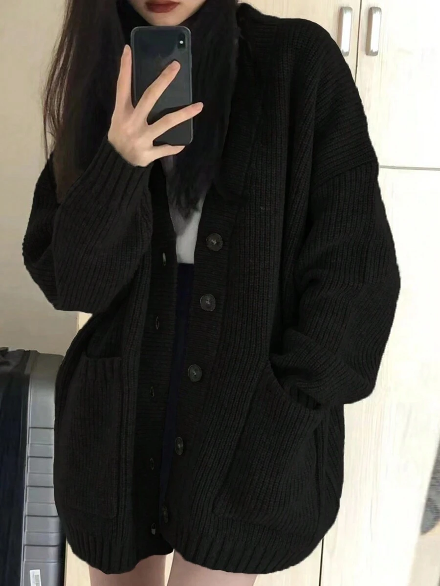 Áo khoác cardigan dáng rộng, tay dài, vai rớt, màu đen trơn, kiểu dáng thường ngày. - màu đen - Xem 1