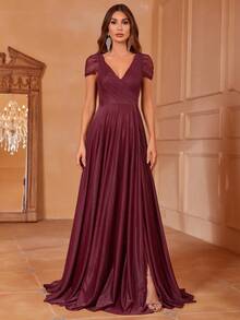 Ruched Split Thigh Formal Dress - Burgundy - View 4