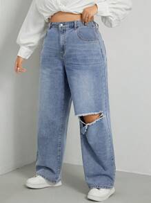 SHEIN EZwear 大碼高腰破洞直筒牛仔褲 - 藍色 - 查看 6