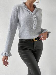 SHEIN Essnce 褶邊荷葉袖套頭毛衣 - 淺灰色 - 查看 4