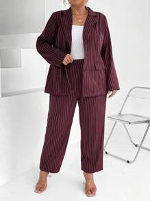 Calvaya Plus Pinstriped Print Blazer & Pants - Burgundy - View 6