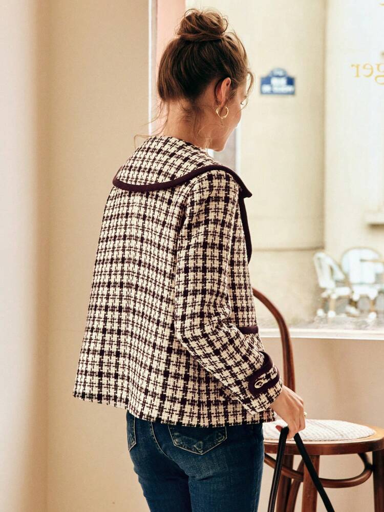 Plaid Pattern Contrast Binding Coat