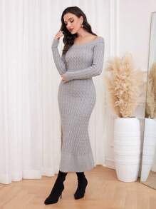 Modelyn 一字肩魚尾裙下擺麻花編織毛衣洋裝 - 灰色 - 查看 5