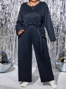SHEIN LUNE Plus Drop Shoulder Asymmetrical Hem Top & Pants