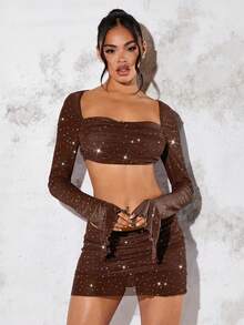 SHEIN BAE Square Neck Flounce Sleeve Crop Top & Bodycon Skirt - Coffee Brown - View 5