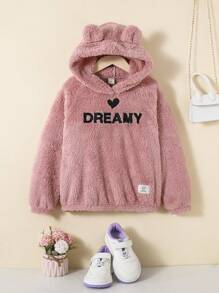 SHEIN Tween Girl Letter Embroidery 3D Ears Design Flannel Sweatshirt - Pink - View 1