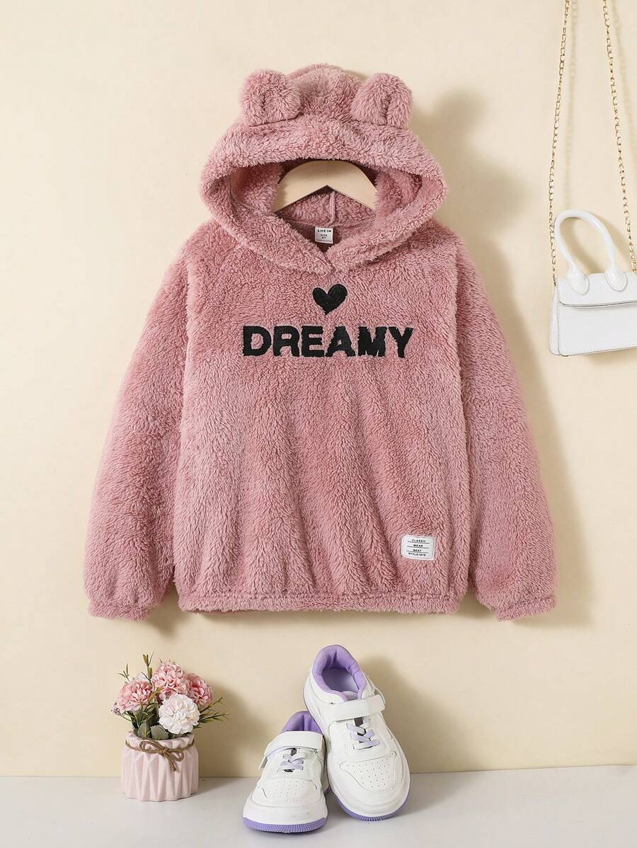 SHEIN Tween Girl Letter Embroidery 3D Ears Design Flannel Sweatshirt - Pink - View 1