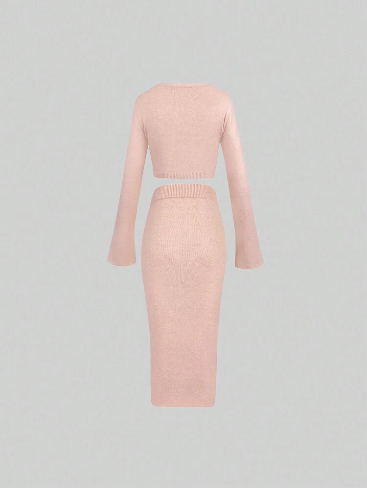 Solid Button Front Cardigan & Knit Skirt Fall Cloth For Women